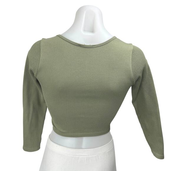 Zara Green Ribbed Knit Long Sleeve Scoop Neck Sweater T Shirt Crop Top Size XS/S - Picture 2 of 3